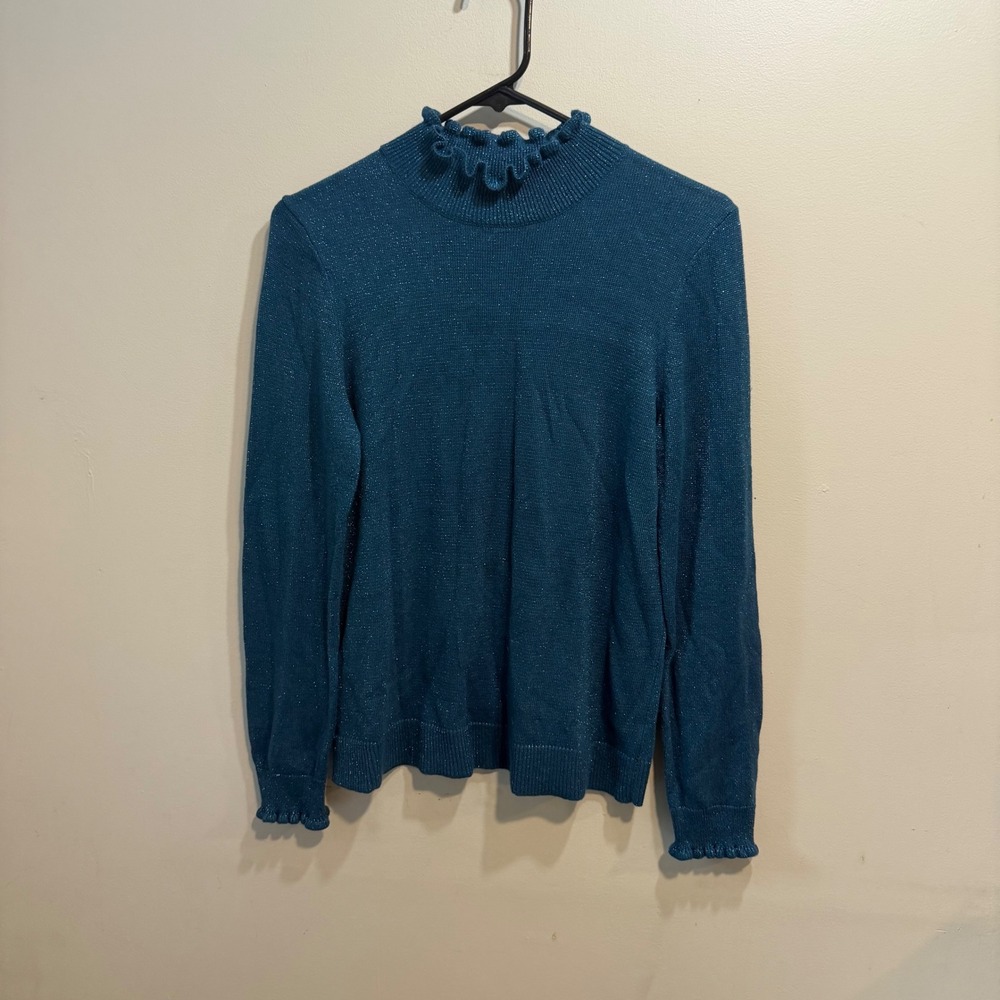 Ann Taylor Factory Petite Teal Metallic Ruffle Mock Neck Sweater LP Shimmer Blue